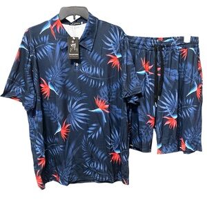 Hawaiian Polo Shirt & Shorts Men's Large Lounge Floral Cruise Vacation Set